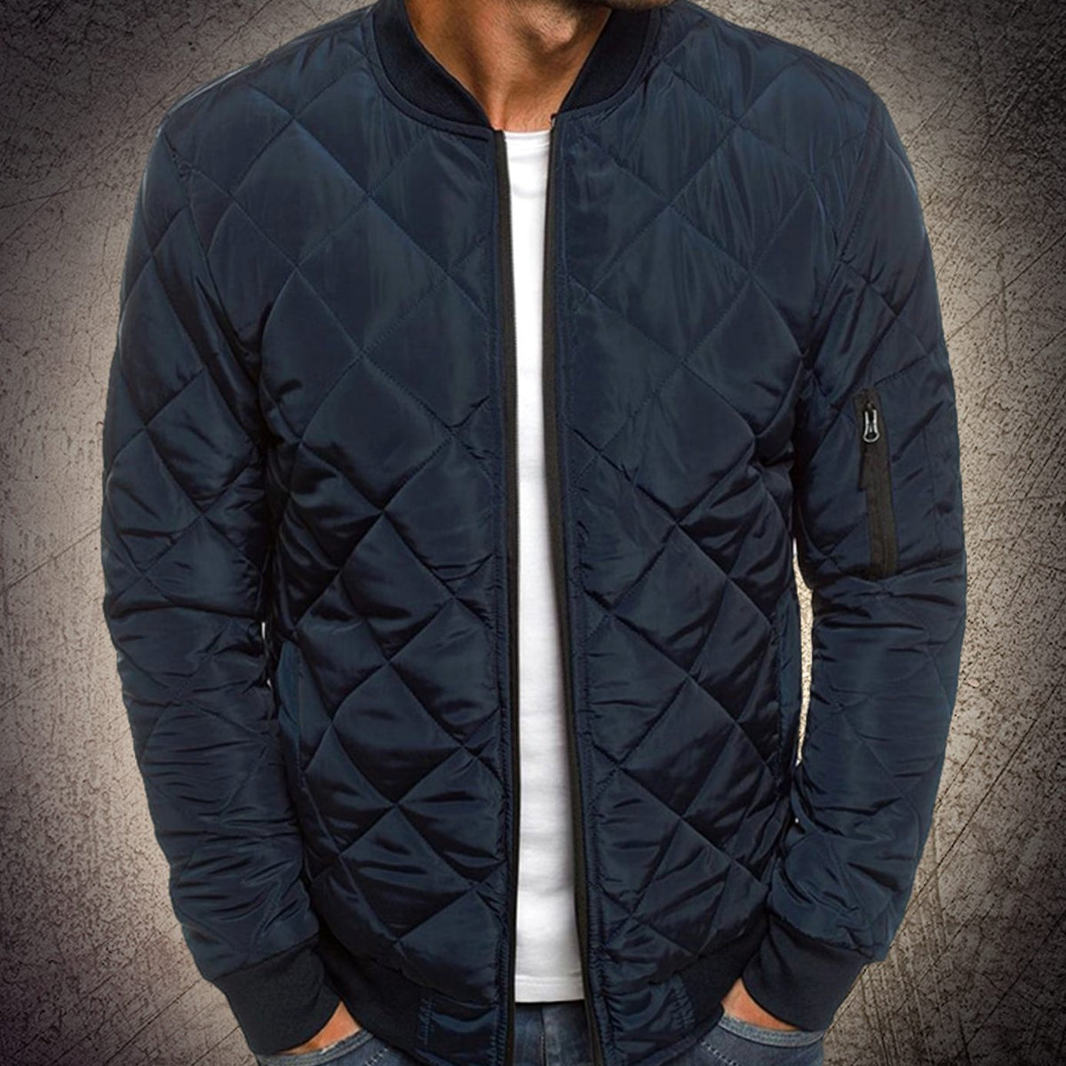 Hombre luciendo la cazadora bomber acolchada DRAYMON en look urbano casual