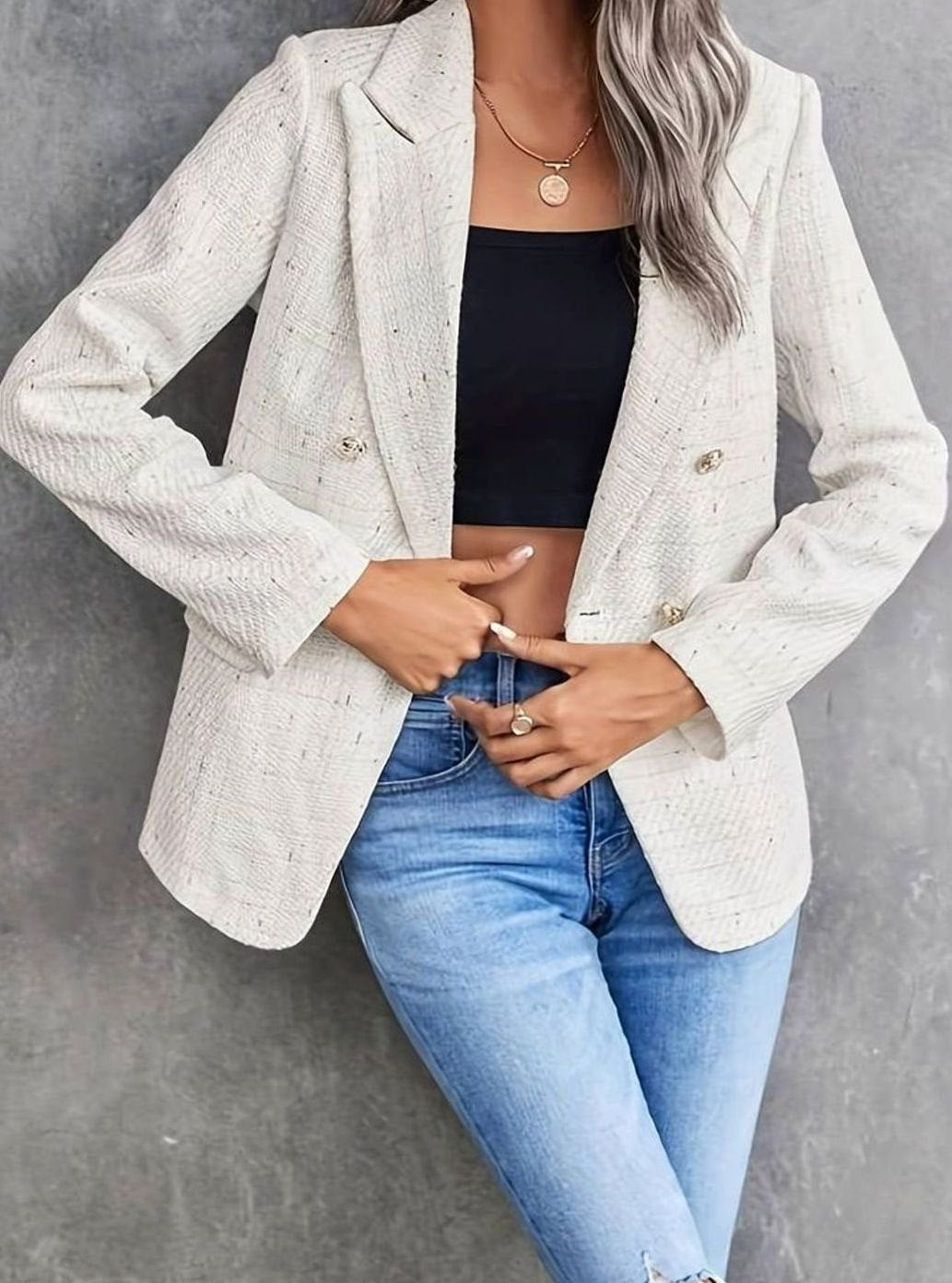 Blazer de tweed cruzada con bolsillos de solapa delanteros, vista completa