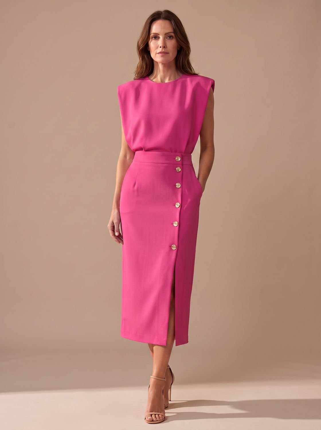 Vista lateral del vestido midi sin mangas con bolsillos laterales