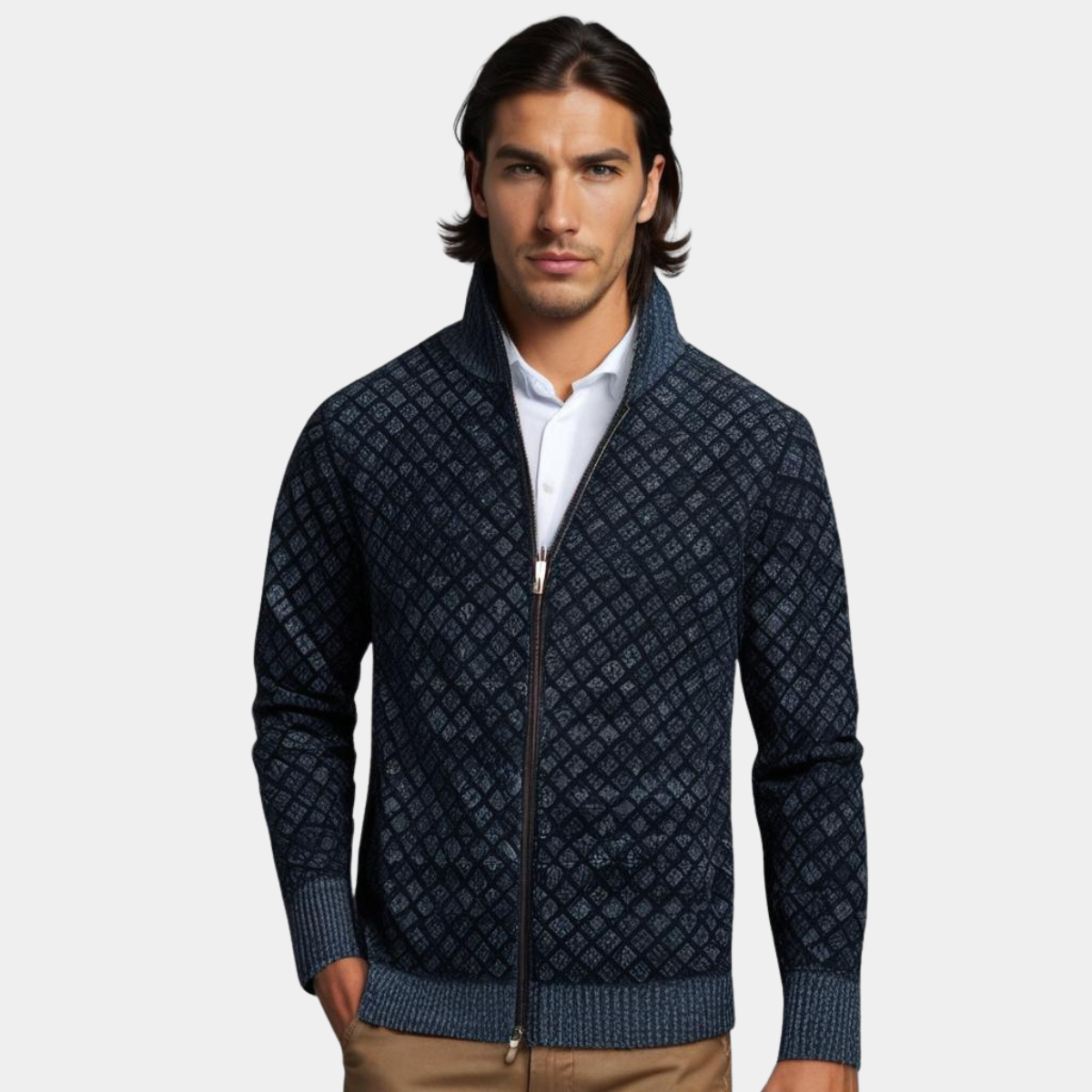 Andrés | Cárdigan de Punto con Cremallera y Cuadros para Hombre en Otoño e Invierno 1