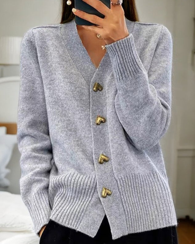 Cárdigan de Punto con Cuello en V y Botones Dorados en Forma de Corazón | Estilo Casual y Elegante para Uso Diario 0