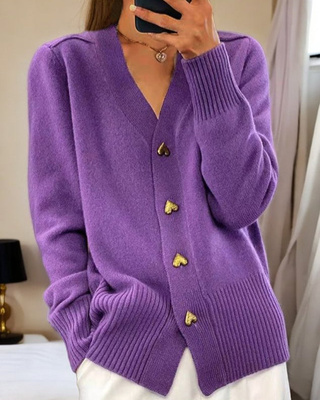 Cárdigan de Punto con Cuello en V y Botones Dorados en Forma de Corazón | Estilo Casual y Elegante para Uso Diario 2