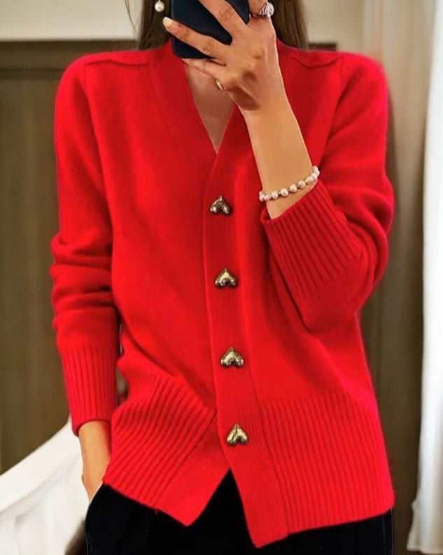 Cárdigan de Punto con Cuello en V y Botones Dorados en Forma de Corazón | Estilo Casual y Elegante para Uso Diario 3