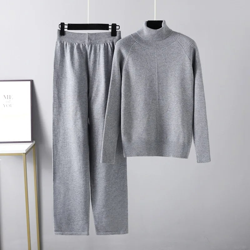 Conjunto Lounge de Punto con Cuello Alto y Pantalones Holgados para Comodidad Diaria 3