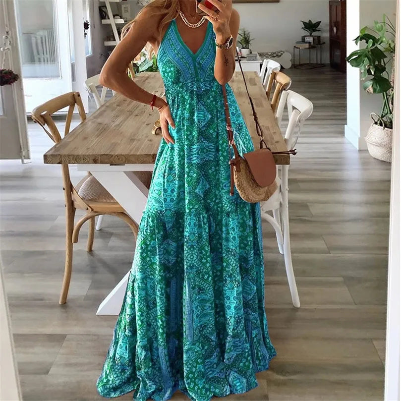 Isabella | Vestido Maxi Drapeado Bohemio con Cuello en V para Mujer 0