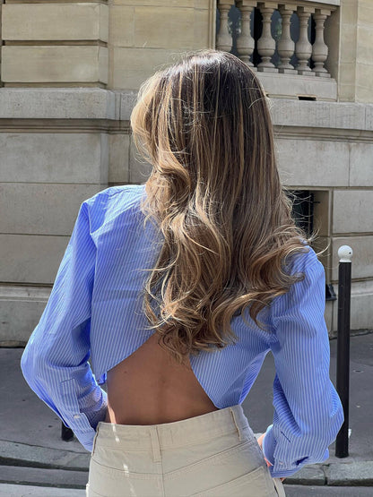 Lucía | Blusa Corta a Rayas con Espalda Abierta y Cuello Polo para Mujer 0