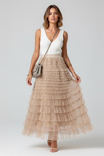 Lucía | Falda Midi de Tul en Capas para Mujer con Cintura Elástica Ideal para Verano 0