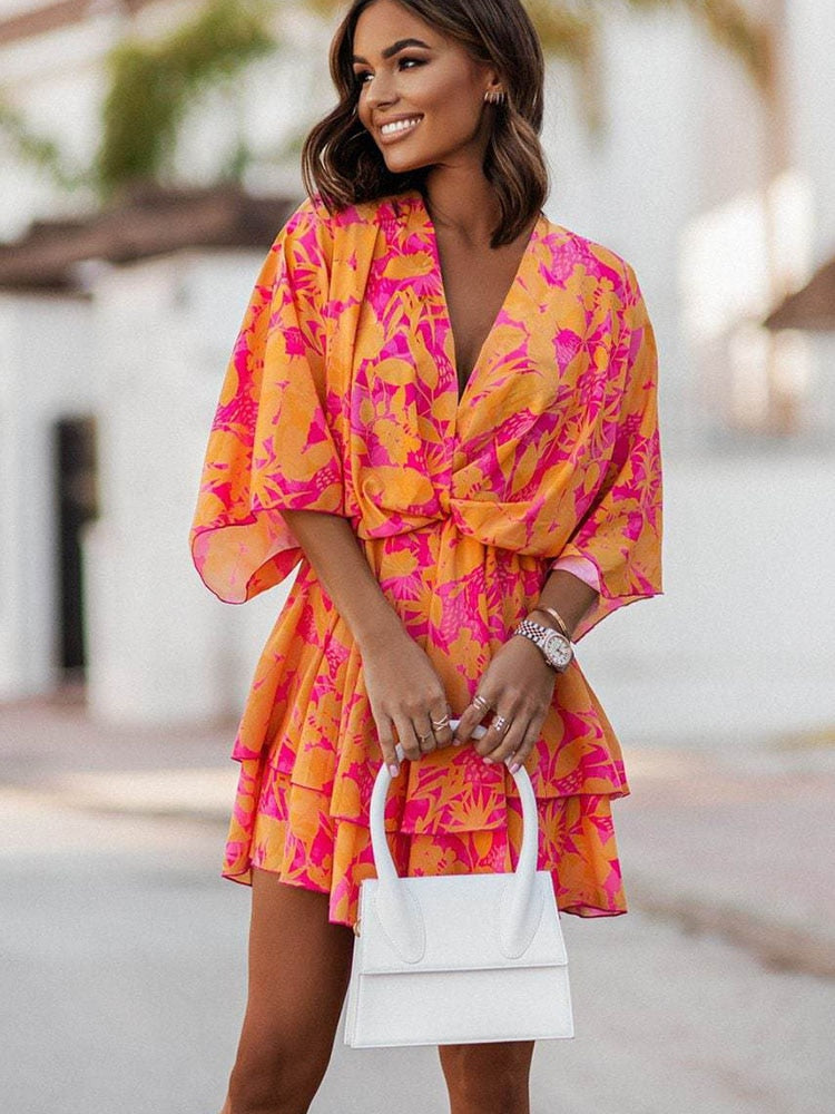 Lucía | Minivestido Floral con Cuello en V y Mangas Largas para Mujer 0