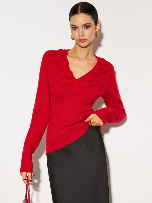 Lucía | Top Mujer de Punto con Cuello en V y Detalle Floral 3D 0