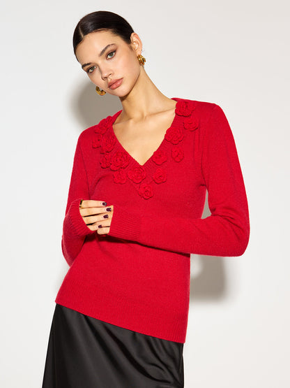 Lucía | Top Mujer de Punto con Cuello en V y Detalle Floral 3D 4