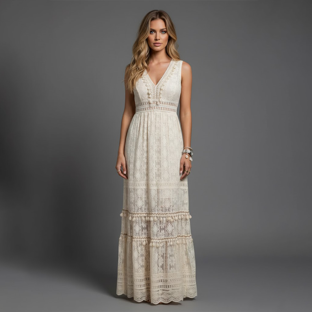 Lucía | Vestido Largo Elegante de Encaje con Escote en V para Mujer 0