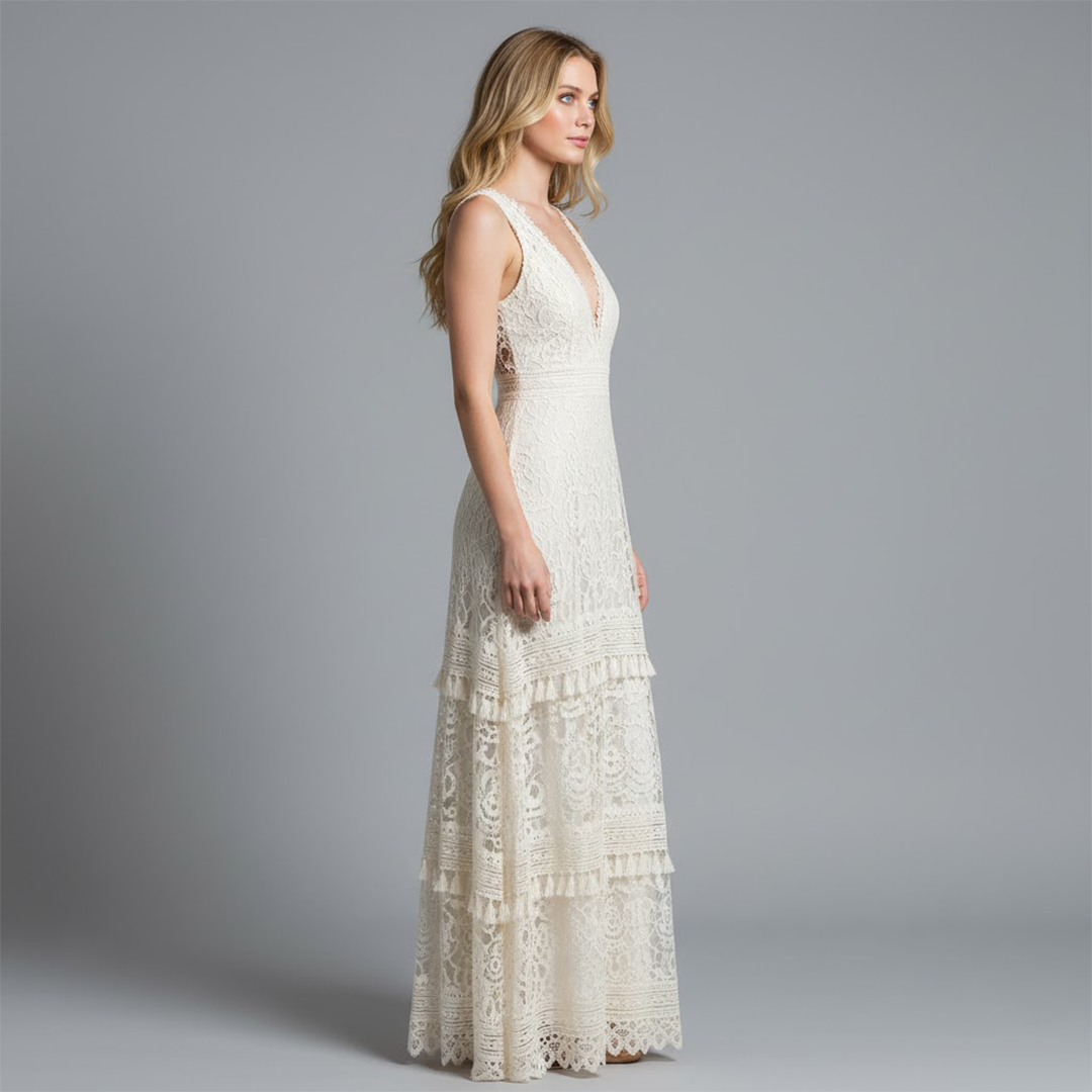 Lucía | Vestido Largo Elegante de Encaje con Escote en V para Mujer 1