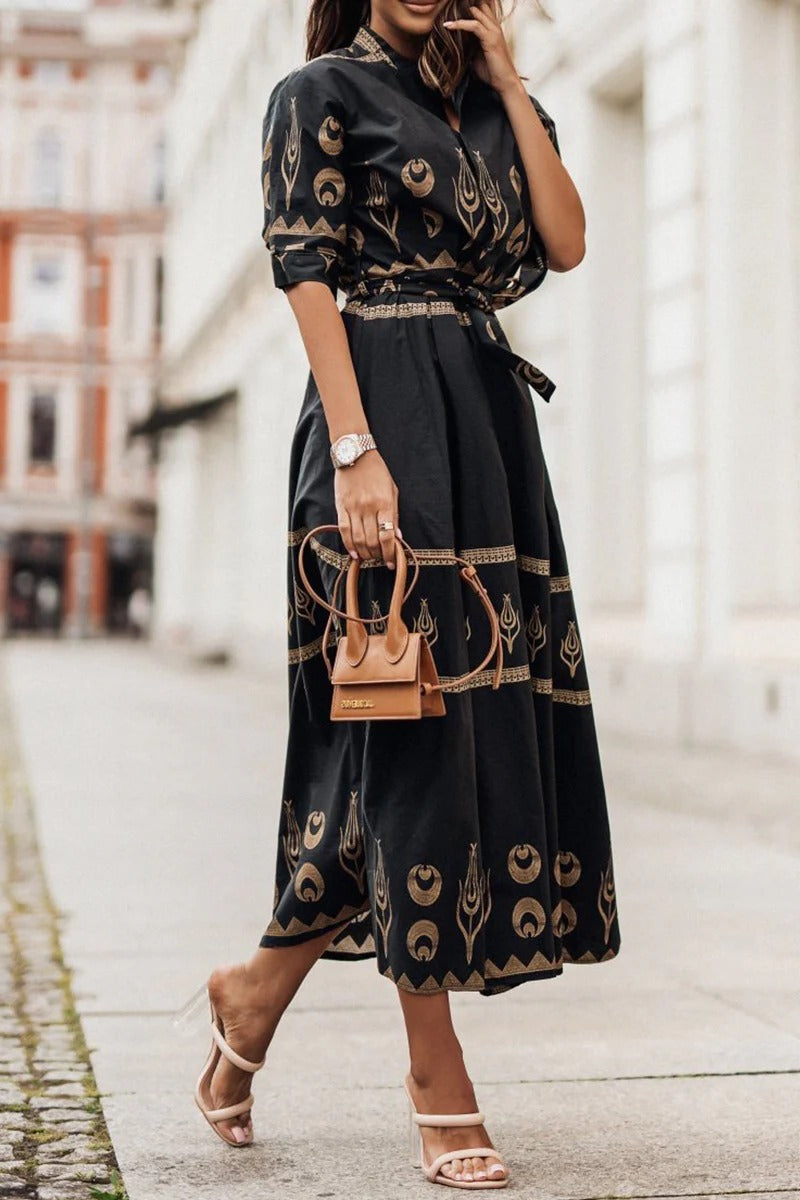 Lucía | Vestido Midi Bohemio de Manga Larga con Cinturón para Mujer 0