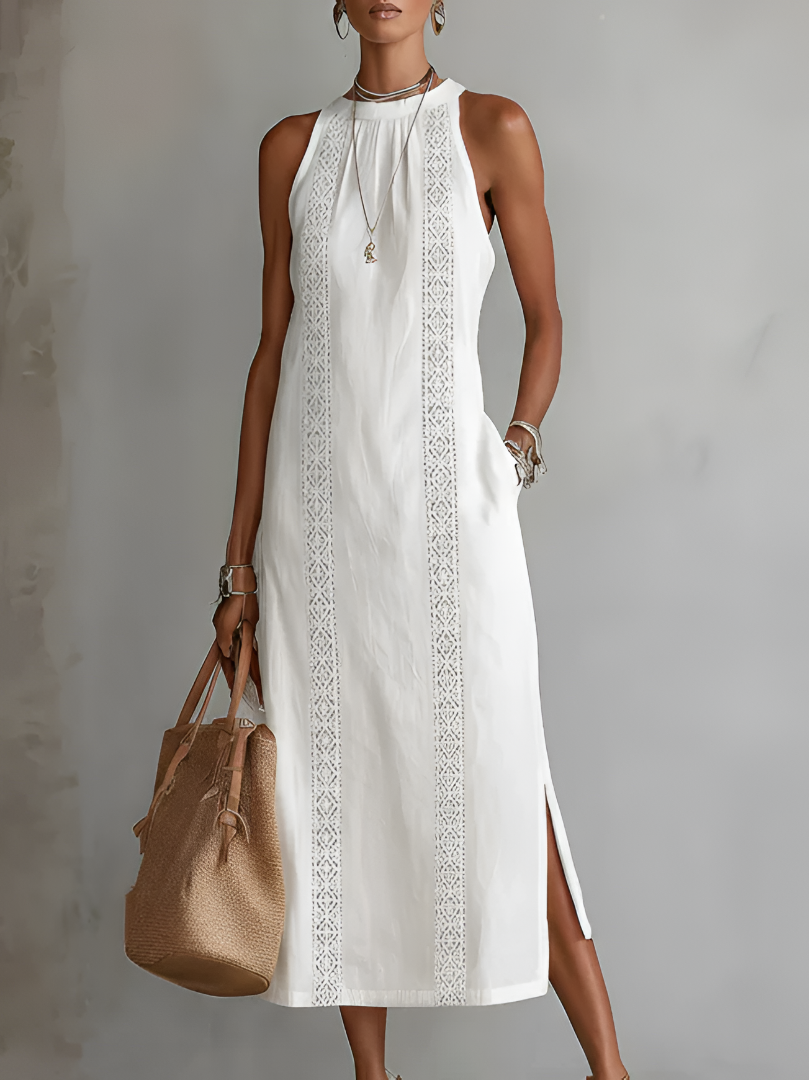 Lucía | Vestido Midi de Lino y Algodón con Bordados Geométricos para Mujer 0