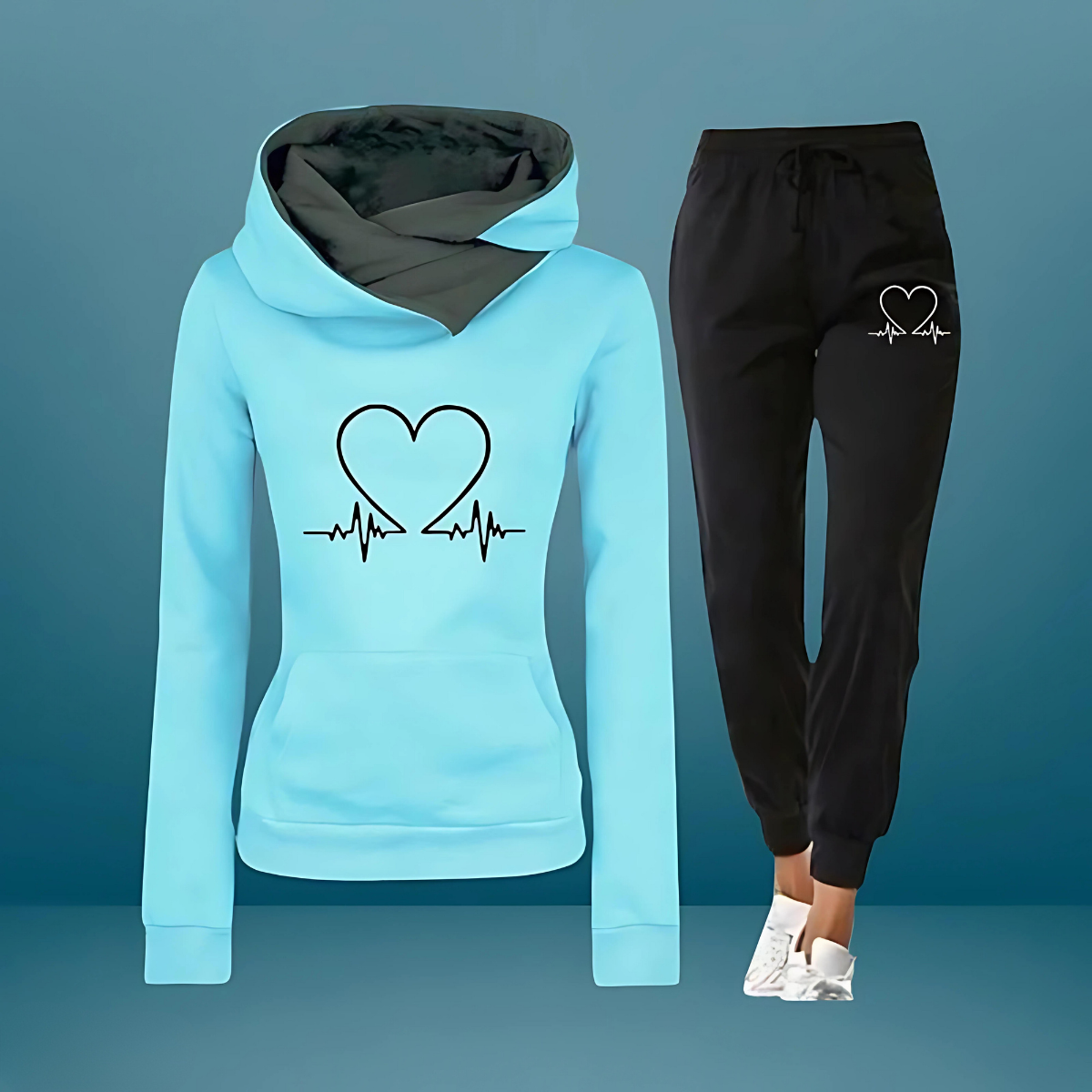 Sofía | Conjunto de Sudadera con Capucha y Joggers para Mujer con Gráfico Heartbeat 0