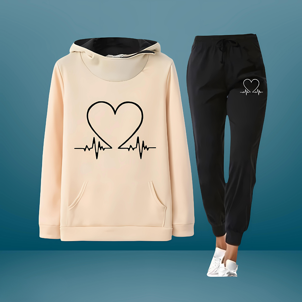 Sofía | Conjunto de Sudadera con Capucha y Joggers para Mujer con Gráfico Heartbeat 4