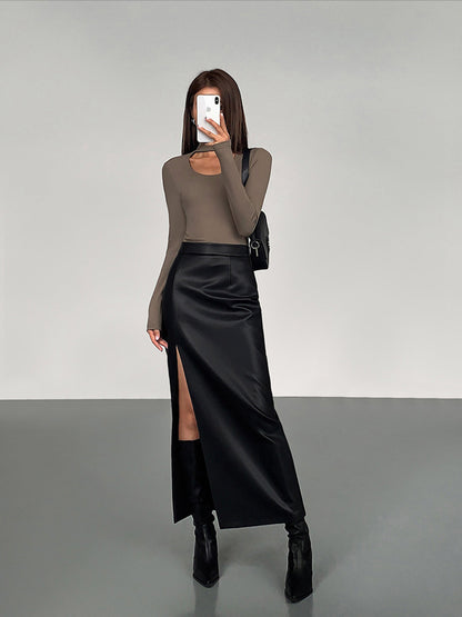 Sofía | Elegante Falda Midi Negra de Cuero Sintético para Mujer con Abertura Lateral 3