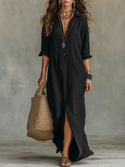 Sofía | Vestido Largo con Cuello Camisero y Abertura Lateral para Mujer 0