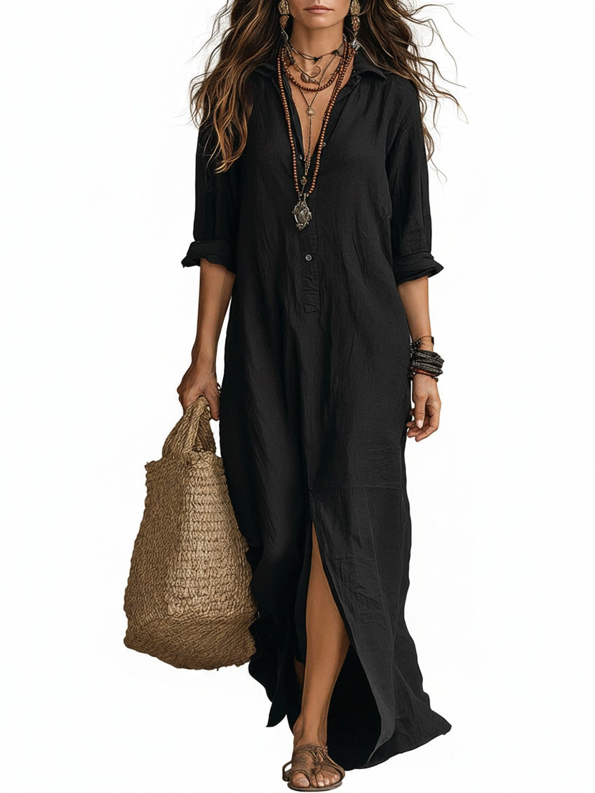 Sofía | Vestido Largo con Cuello Camisero y Abertura Lateral para Mujer 1