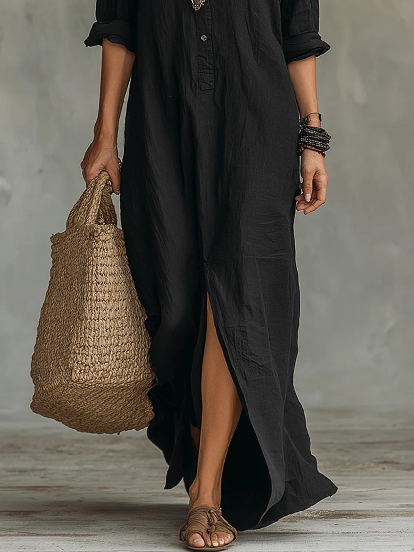 Sofía | Vestido Largo con Cuello Camisero y Abertura Lateral para Mujer 5