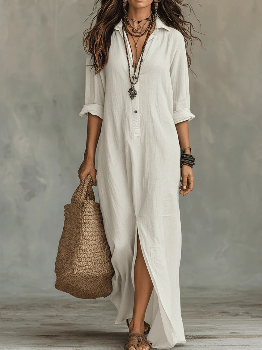 Sofía | Vestido Largo con Cuello Camisero y Abertura Lateral para Mujer 6