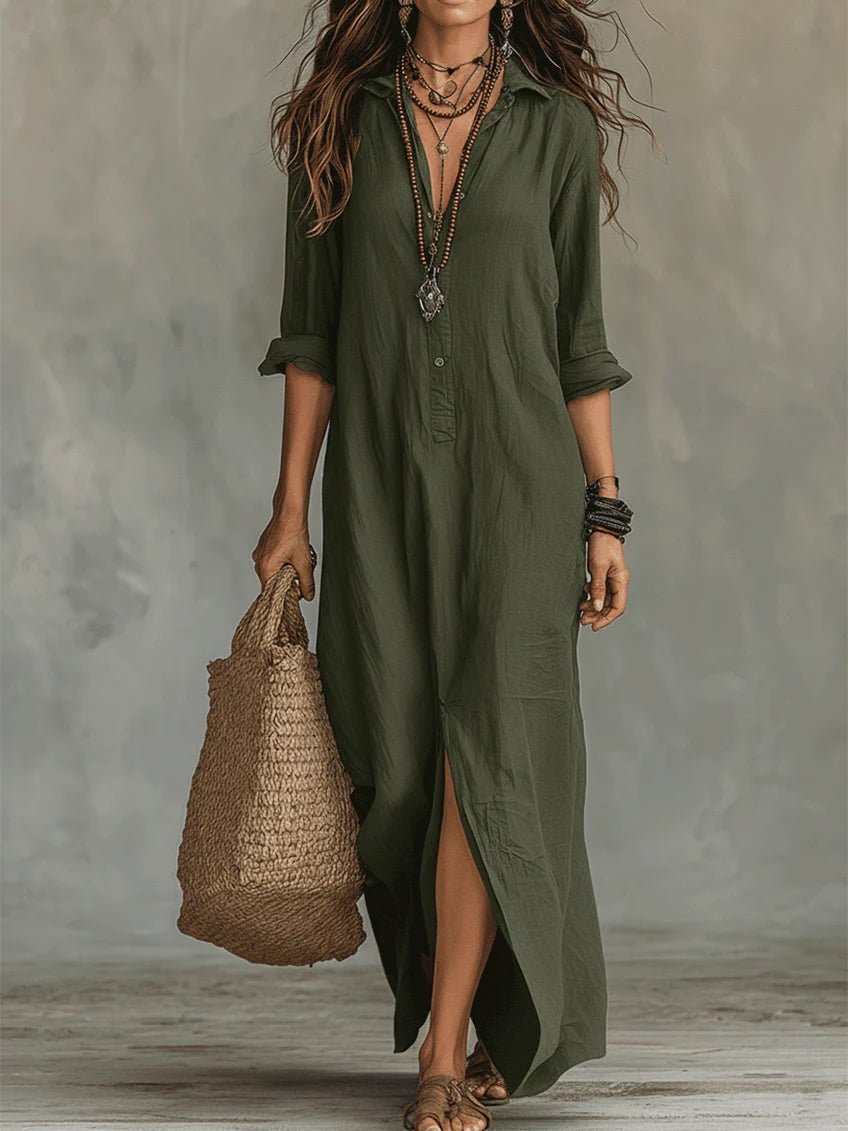 Sofía | Vestido Largo con Cuello Camisero y Abertura Lateral para Mujer 7