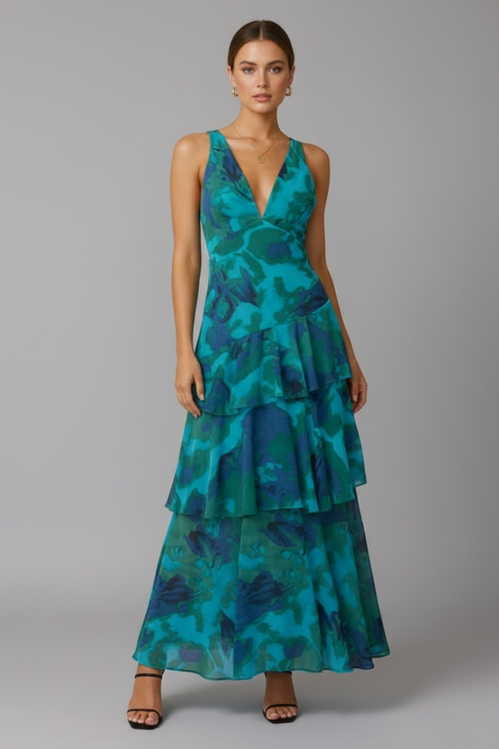 Sofía | Vestido Largo con Falda Escalonada y Cuello en V para Mujer Verano 0