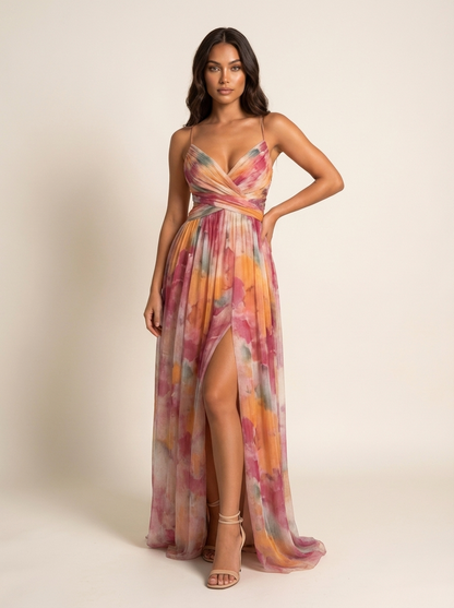 Sofía | Vestido Largo de Gasa con Estampado de Acuarela para Mujer 0