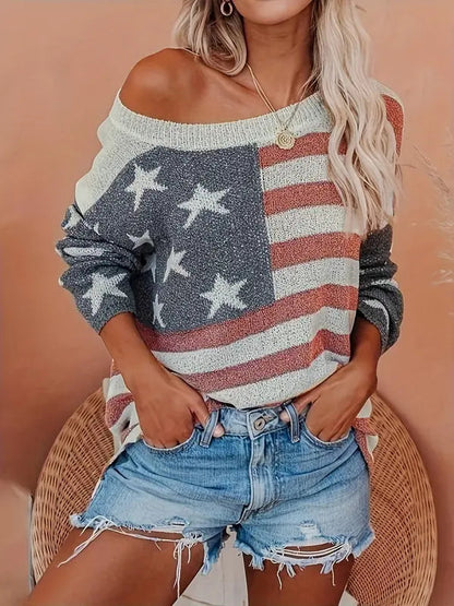 Suéter de Punto Casual con Hombros Descubiertos y Diseño Patriótico | Comodidad y Estilo para Ocasiones Informales 0