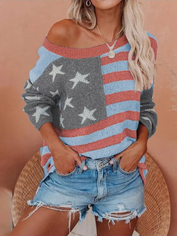Suéter de Punto Casual con Hombros Descubiertos y Diseño Patriótico | Comodidad y Estilo para Ocasiones Informales 1