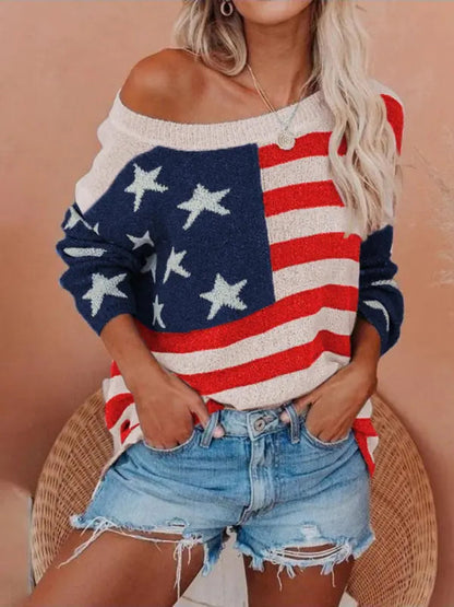 Suéter de Punto Casual con Hombros Descubiertos y Diseño Patriótico | Comodidad y Estilo para Ocasiones Informales 2