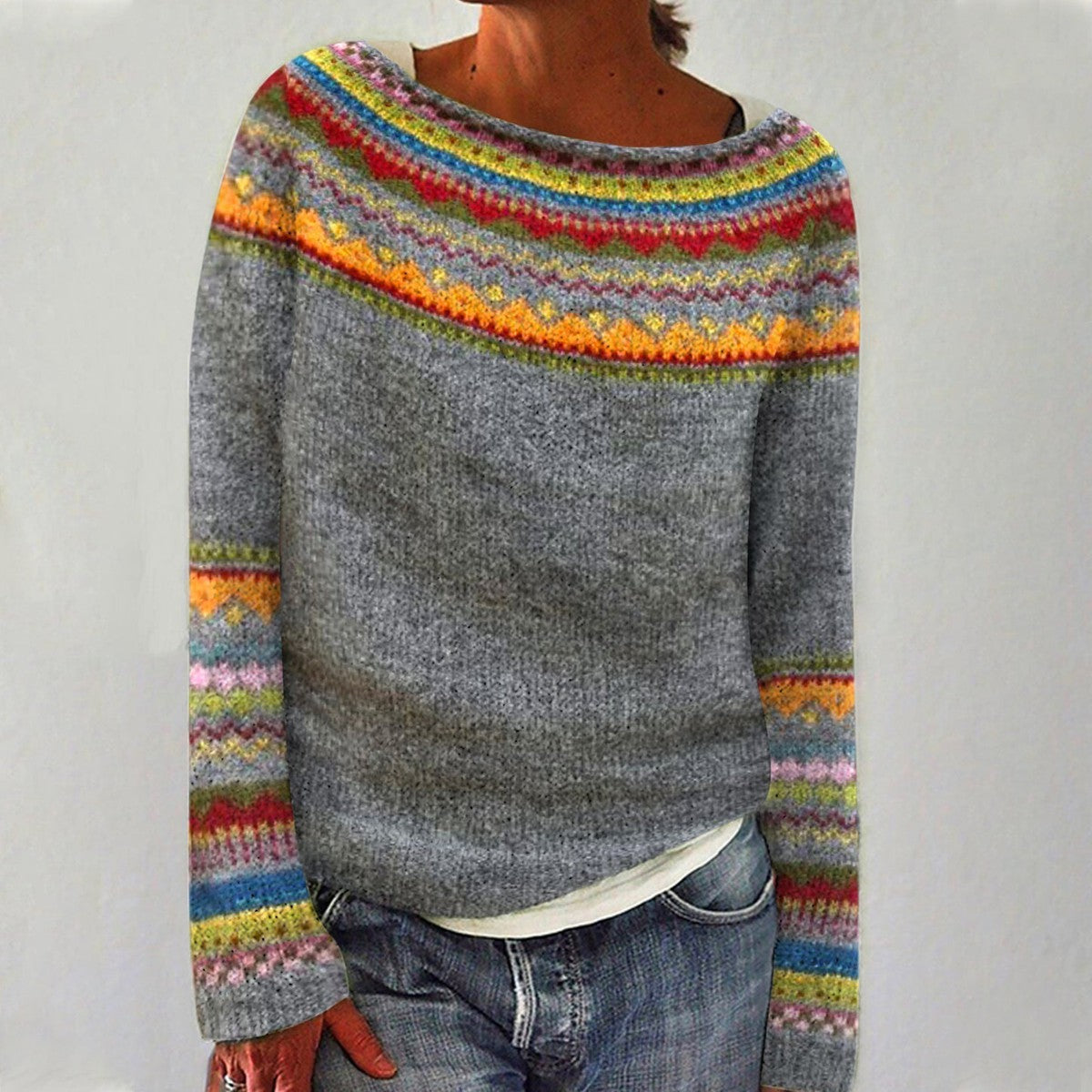 Suéter de Punto | Jersey con Cuello Barco y Estampado Fair Isle | Comodidad y Estilo Atemporal para el Día a Día 0