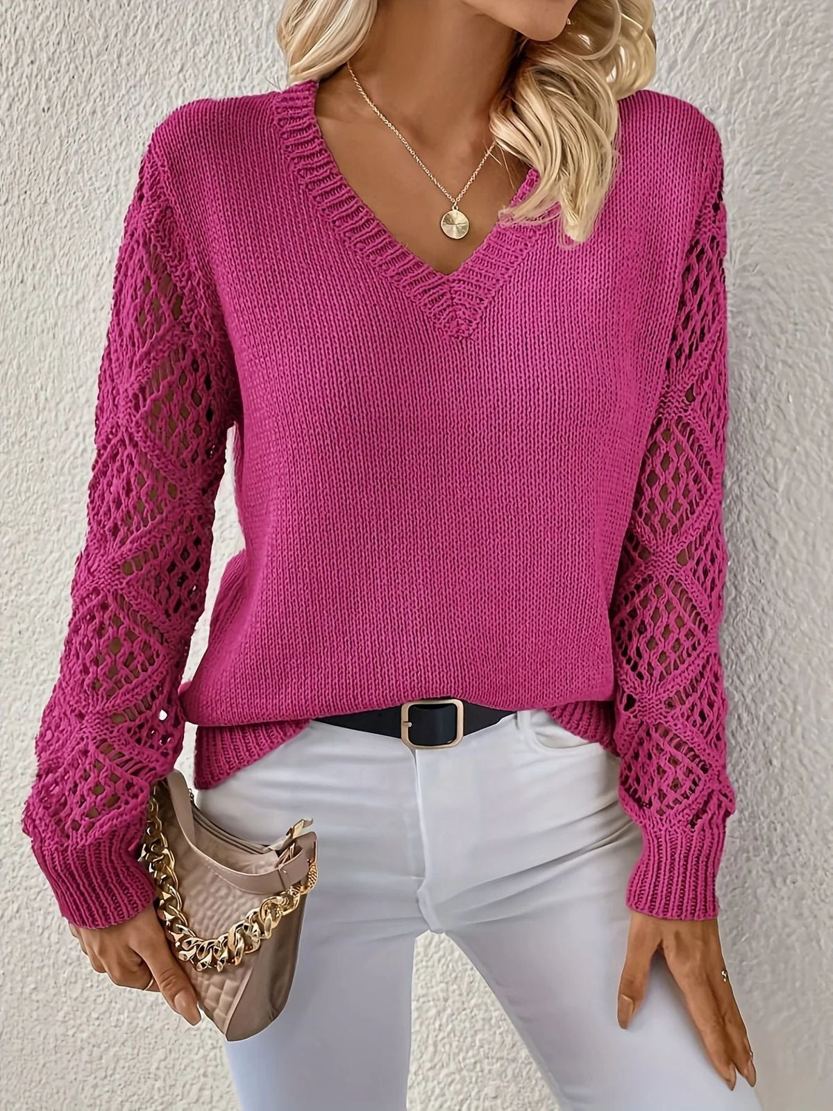 Suéter de Punto | Jersey con Cuello en V y Mangas Caladas | Textura Suave para Comodidad y Estilo 4