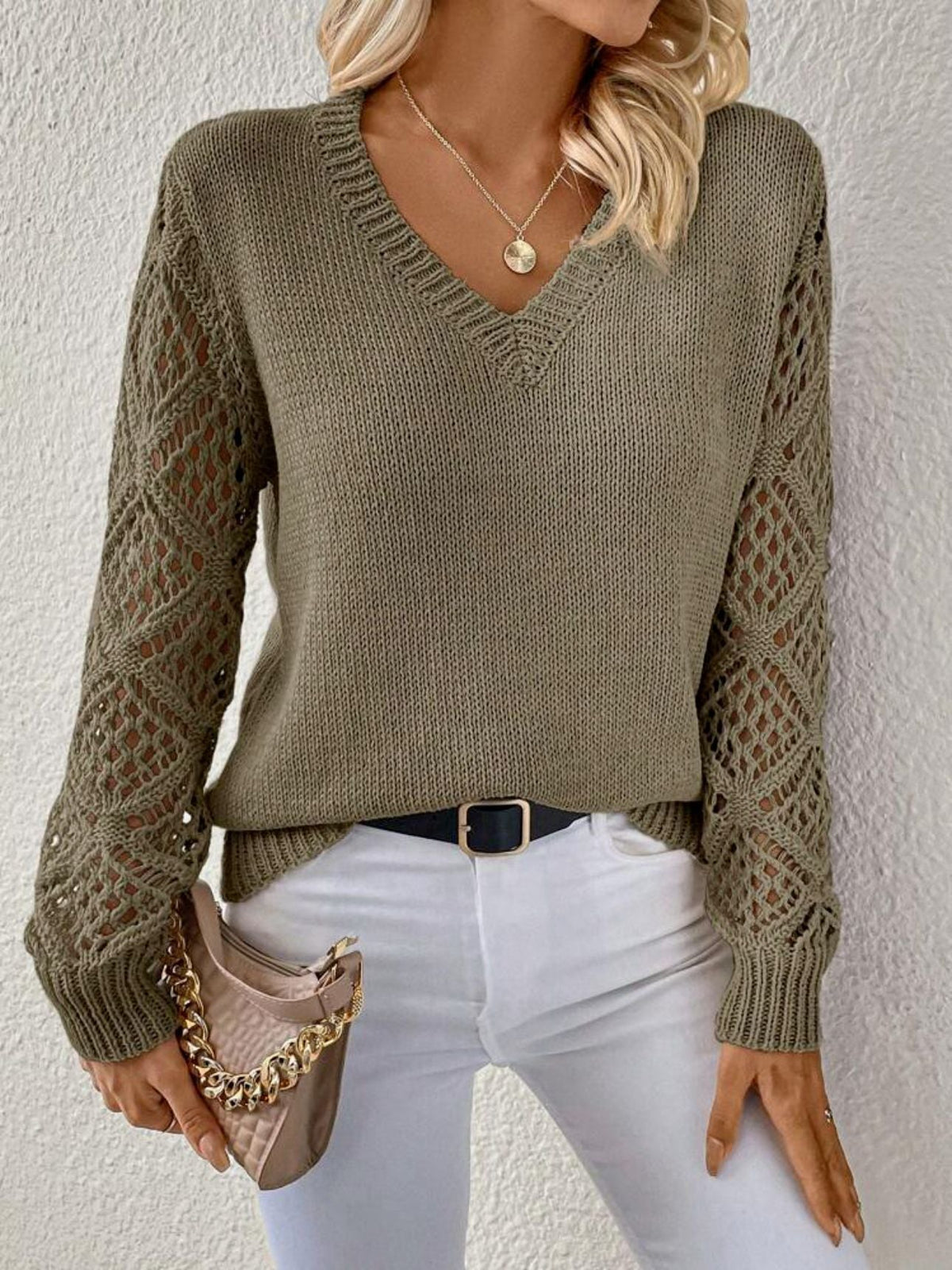 Suéter de Punto | Jersey con Cuello en V y Mangas Caladas | Textura Suave para Comodidad y Estilo 5