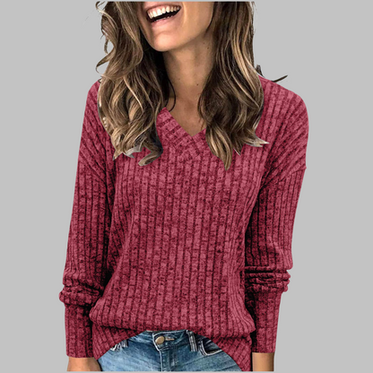 Top de Punto | Camiseta de Manga Larga con Cuello en V Acanalado | Tejido Suave y Transpirable para Comodidad Diaria 0