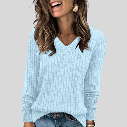 Top de Punto | Camiseta de Manga Larga con Cuello en V Acanalado | Tejido Suave y Transpirable para Comodidad Diaria 12
