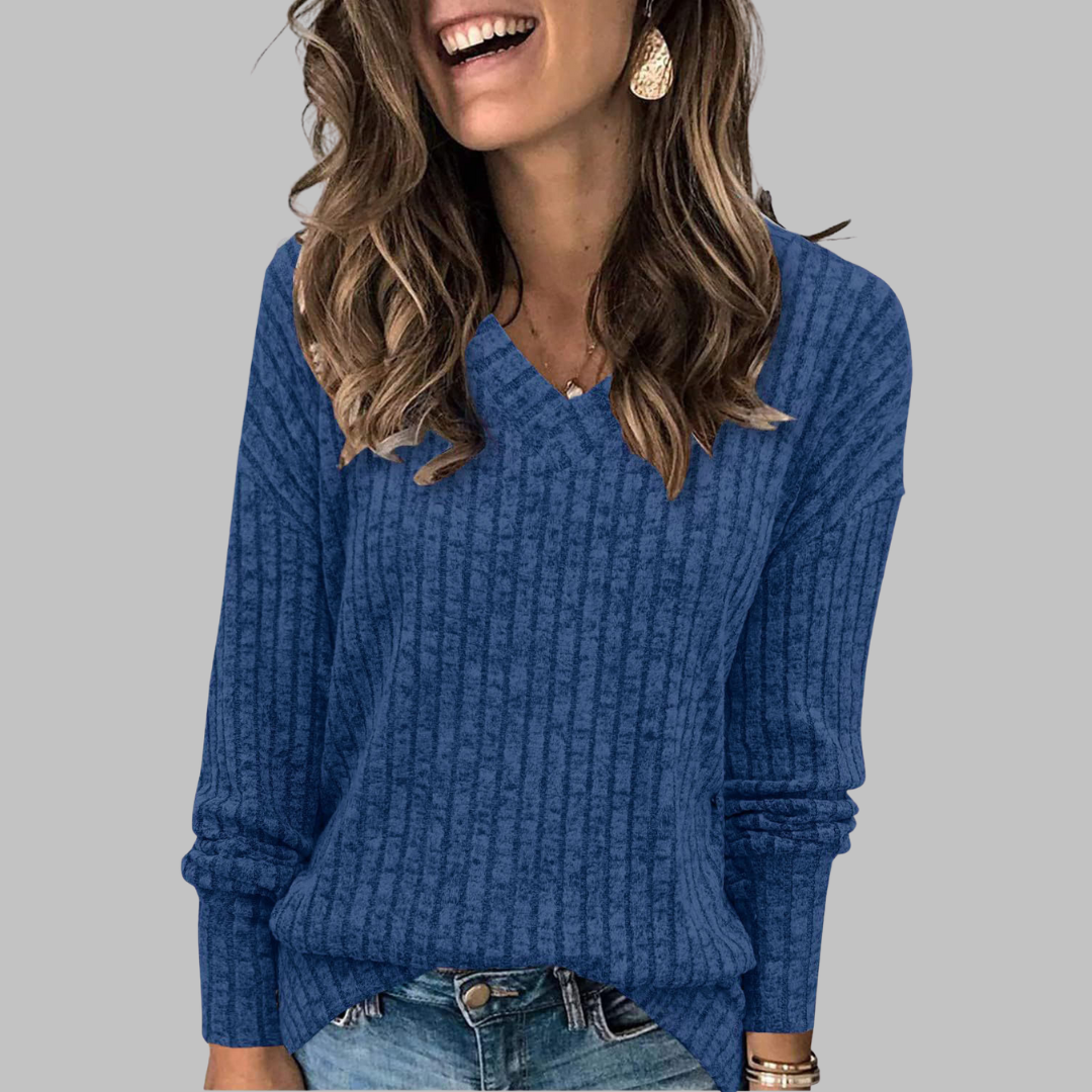 Top de Punto | Camiseta de Manga Larga con Cuello en V Acanalado | Tejido Suave y Transpirable para Comodidad Diaria 3