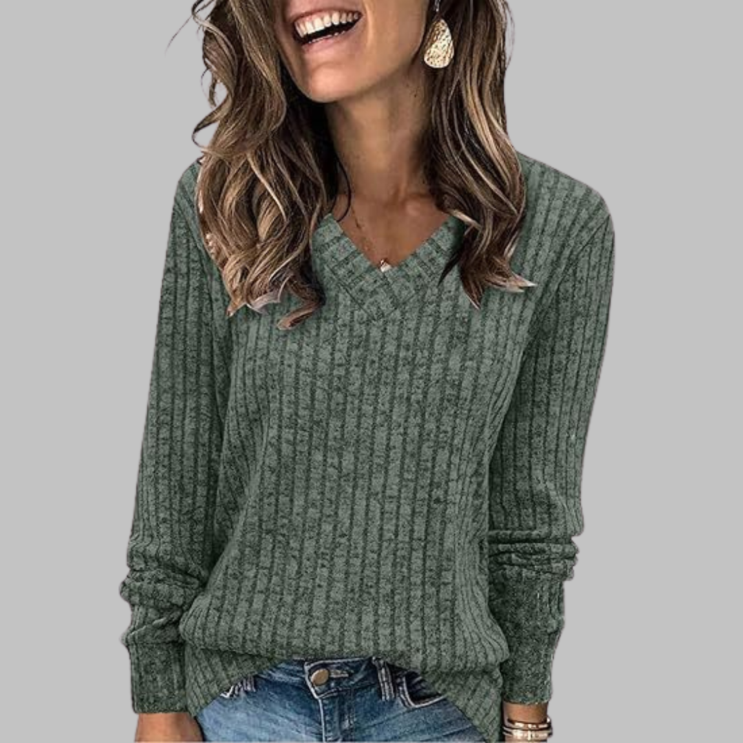 Top de Punto | Camiseta de Manga Larga con Cuello en V Acanalado | Tejido Suave y Transpirable para Comodidad Diaria 6