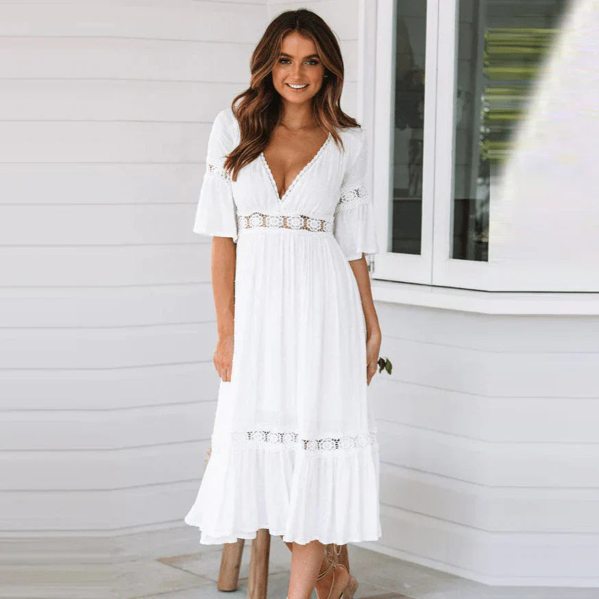 Valentina | Vestido Fluido Blanco con Encaje para Mujer 0