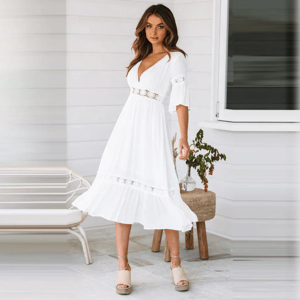 Valentina | Vestido Fluido Blanco con Encaje para Mujer 2