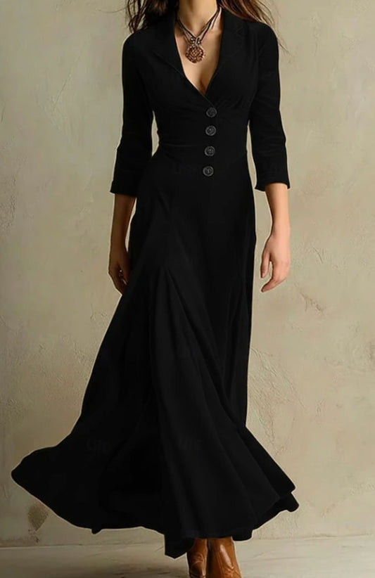 Vestido largo mujer con escote en V y cierre de botones en color negro