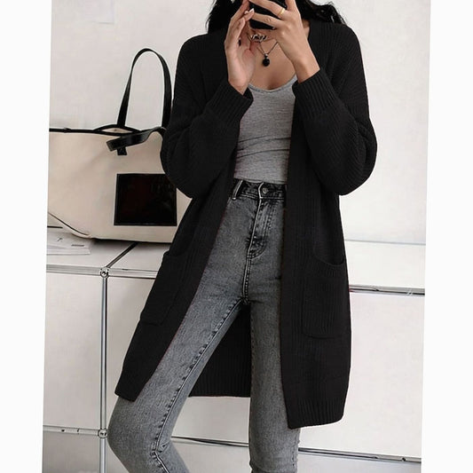 Chaqueta larga de punto canalé abierta para mujer en color negro