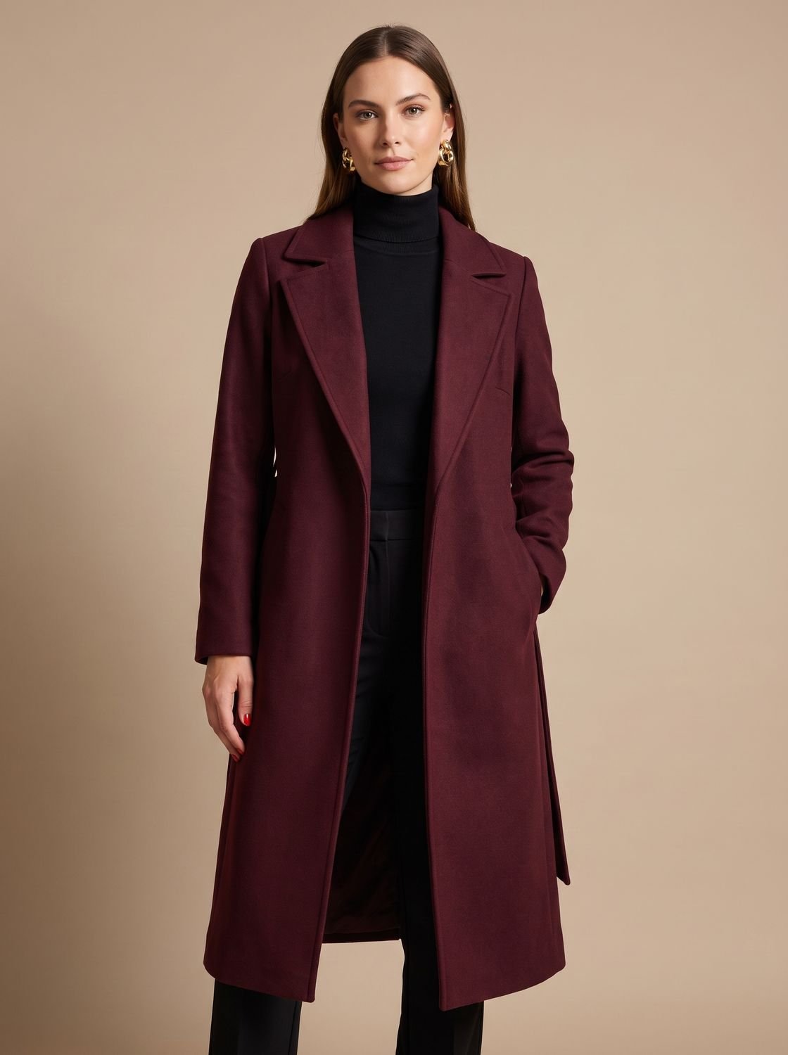 Abrigo largo cruzado combinado con look casual de invierno
