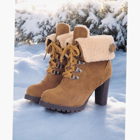 Botas de invierno AMARILLA con cuello de borreguito y cordones para mujer