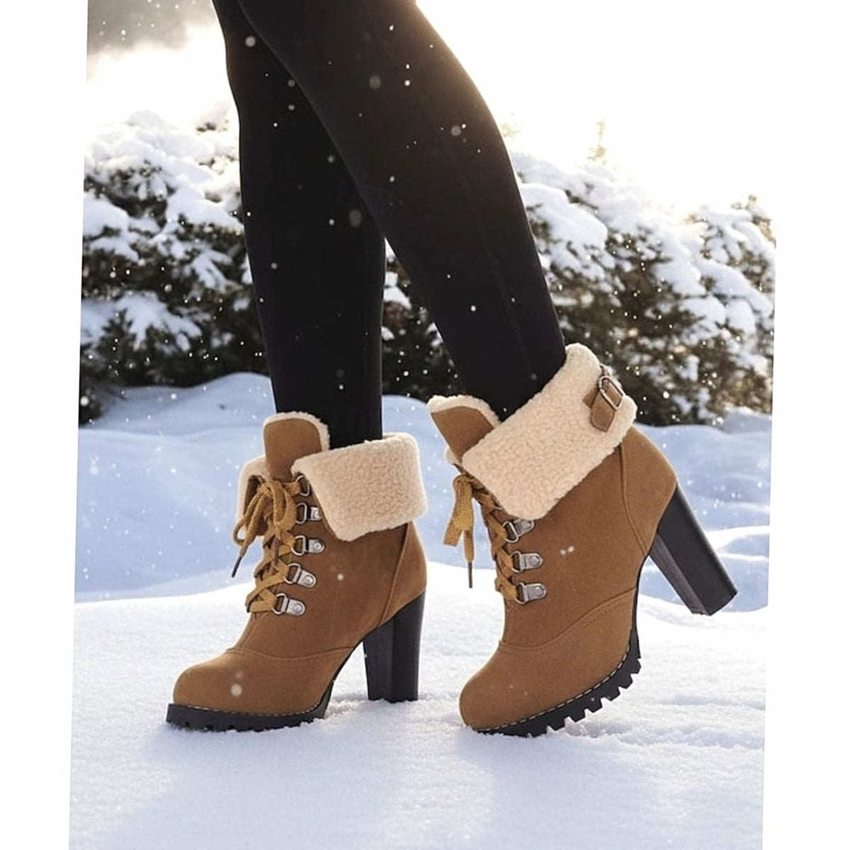 Detalle del cordón y herrajes metálicos de las botas de nieve AMARILLA