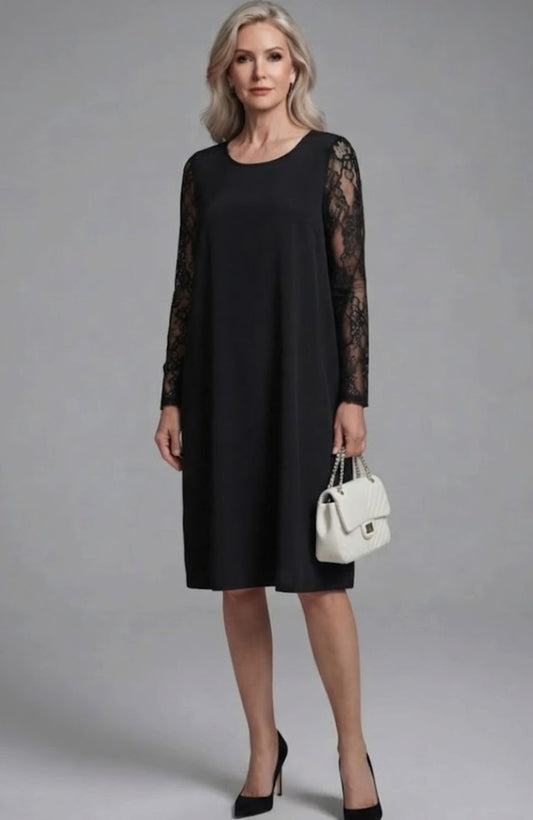 Vestido AMELIA midi negro con mangas de encaje floral y detalle peplum