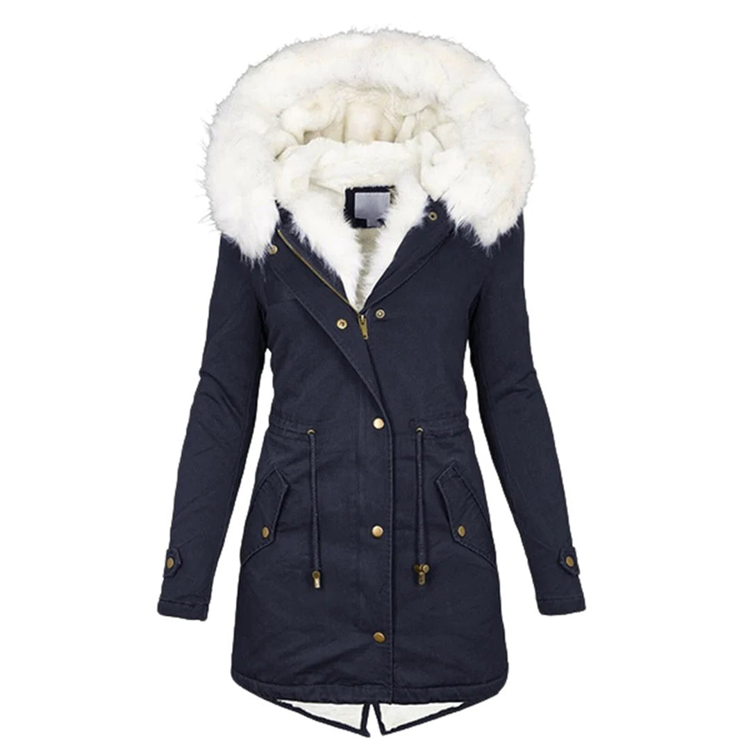 Abrigo de invierno acolchado para mujer, vista lateral mostrando el corte