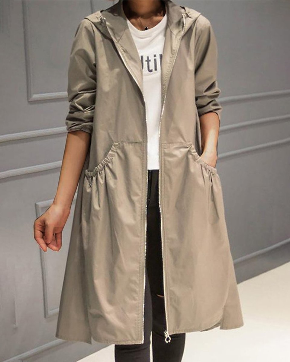Trench coat largo con capucha para mujer, modelo ASTRELIA, color khaki