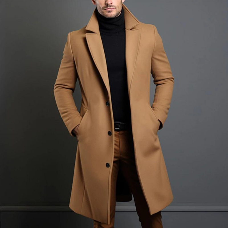 Hombre luciendo abrigo largo BALTREND con diseño recto y elegante