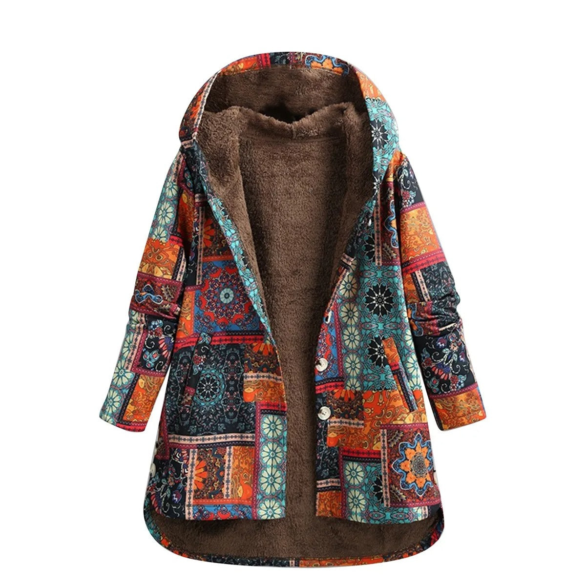 Detalle del diseño patchwork en tonos cálidos de la chaqueta BOHEMIRA